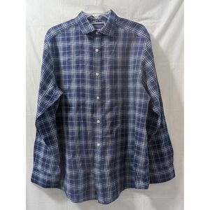 Charles Tyrwhitt Mens Classic‎ Fit Blue Plaid 100% Linen Button Up Shirt Medium